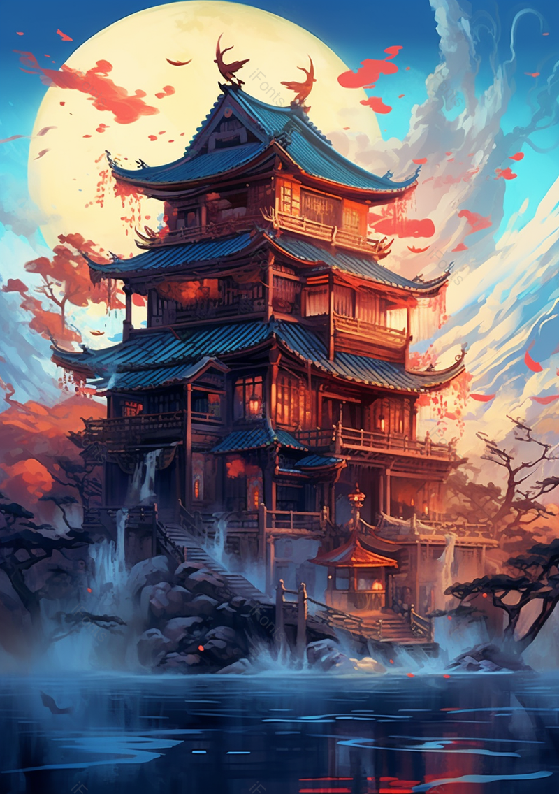 圆月背景下的国潮风中式建筑楼阁房屋流水湖面泛起涟漪,插画/手绘图,插画/手绘图库,插画/手绘图下载,插画/手绘
